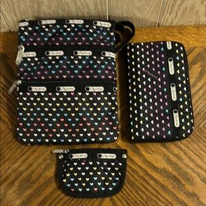 LeSportsac Multicolor Heart Print Bag Trio.  Triple zip crossbody.